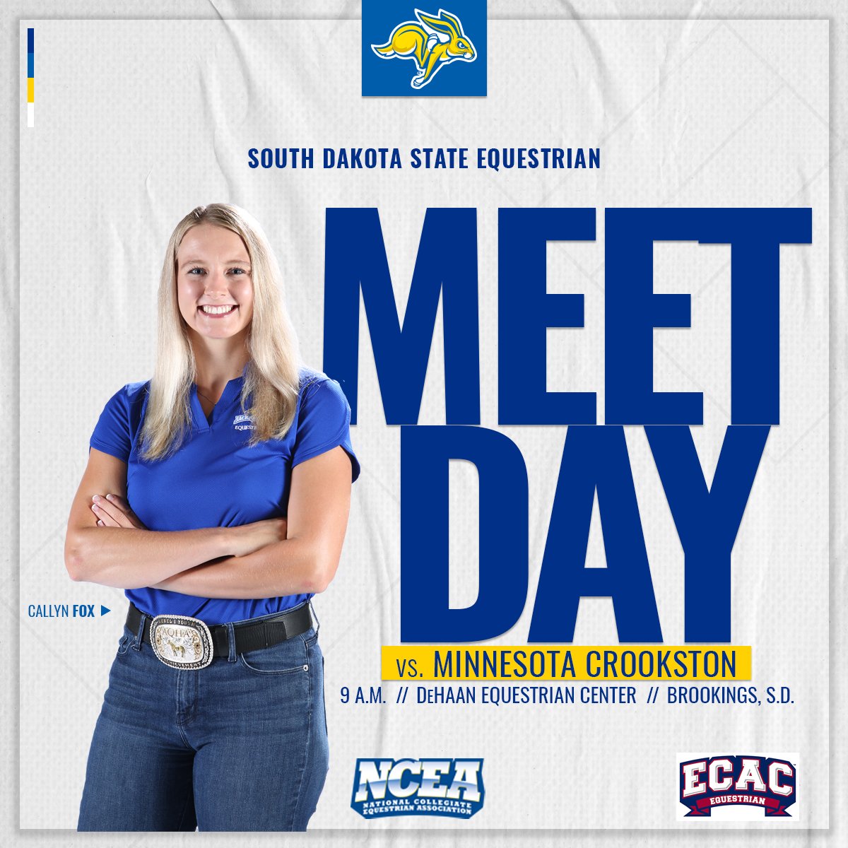 It's the first official Meet Day of the season!
#GoJacks 

🆚 » Minnesota Crookston
⏰ » 9 a.m.
🏟️ » DeHaan Equestrian Center | Brookings, S.D.
📊 » bit.ly/3S1ev4O