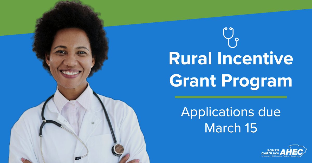 SCarolinaAHEC's tweet photo. Applications for the Rural Incentive Grant Program are due in just one month! 🚨

To find if out if you're eligible and to apply, visit https://t.co/TQfbGk7oNe. https://t.co/mGVsEjFZJp