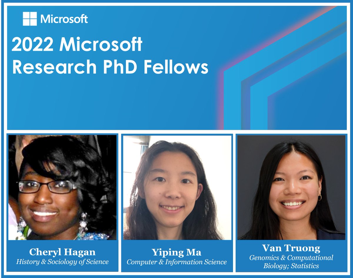 PennGradCenter's tweet photo. 🎉A huge CONGRATULATIONS to Penn PhD Students Cheryl Hagan, Yiping Ma, and Van Truong, who have been named 2022 Microsoft Research PhD Fellows! 🎉

Learn more about these students and the @MSFTResearch PhD Fellowship program at https://t.co/8XiG9Jo6yd https://t.co/IMscJzeigd