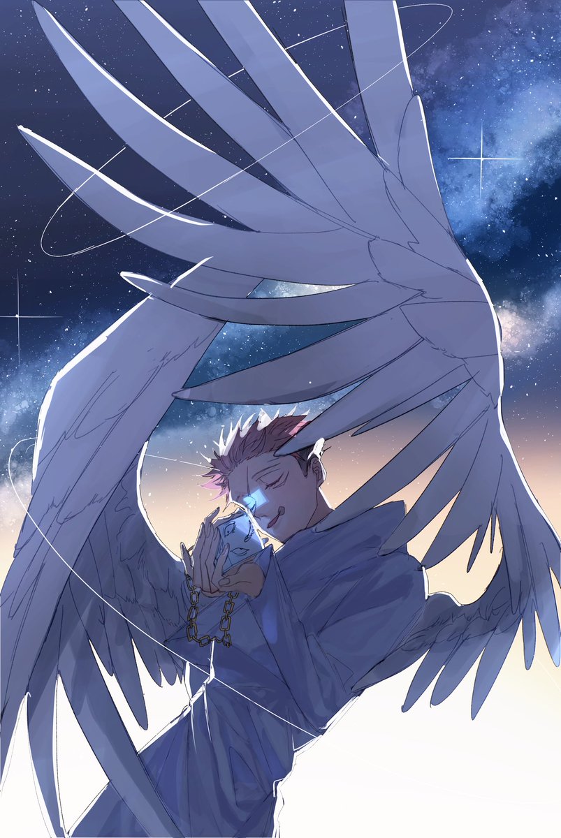 itadori yuuji male focus 1boy wings short hair solo smile feathered wings  illustration images