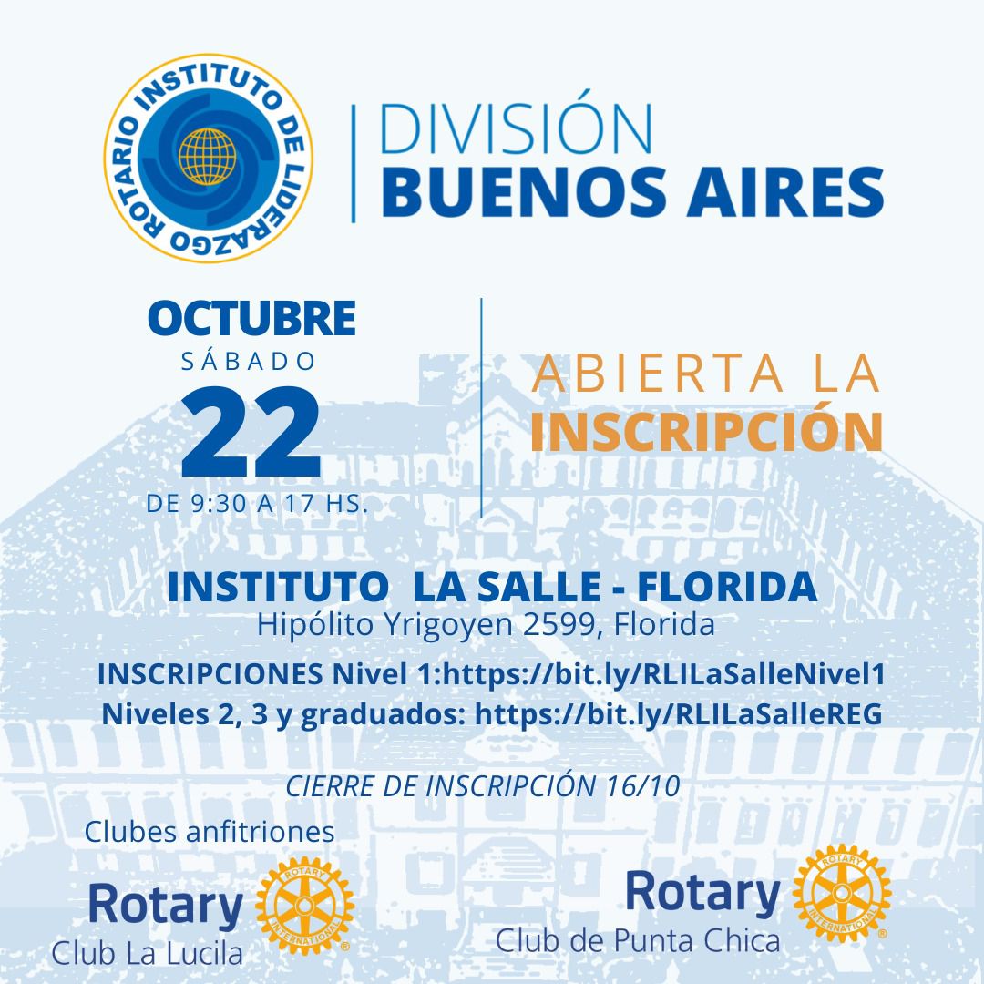 Rotary4905's tweet photo. ‼️INSTITUTO DE LIDERAZGO ROTARIO | División Buenos Aires

Agenda la próxima fecha:
🗓️22 de Octubre de 9:30 a 17:00 hs

✍️Inscripciones:
Nivel 1:INSCRIPCIONES Nivel 1:https://t.co/edL16L719y
Niveles 2, 3 y graduados: https://t.co/9l5Q2Oe7yN

💪El ILR te espera para potenciarte! https://t.co/4rglni7uq9