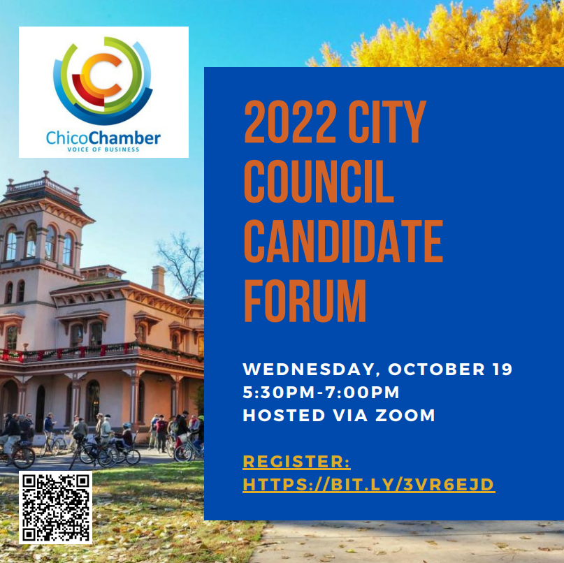 ChicoChamber's tweet photo. The Chico Chamber of Commerce will hold a Chico City Council Candidate Forum on Wednesday, October 19, 2022. This will be a virtual event via ZOOM, beginning at 5:30 PM and ending at 7:00 PM. You can register to attend here: https://t.co/Si5oA0Q3sj https://t.co/K2p66IvTtT