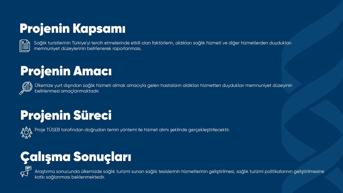 Ar-Ge faaliyetlerimizden “Uluslararası Sağlık Turizmi Hizmet Alan Memnuniyeti Raporu Hazırlanması Projesi” detaylarına gönderimizden ulaşabilirsiniz.

#FikirdenÜrüne #TÜSEB #TÜSPE