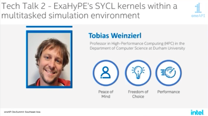 IntelDevTools's tweet photo. Professor Tobias Weinzierl, from @comp_sci_durham — one of the #oneAPI Centers of Excellence — details how he ports tiny tasks in his #ExaHyPE project with oneAPI and #SYCL. https://t.co/EjrqfuHAlj https://t.co/udATebh53O