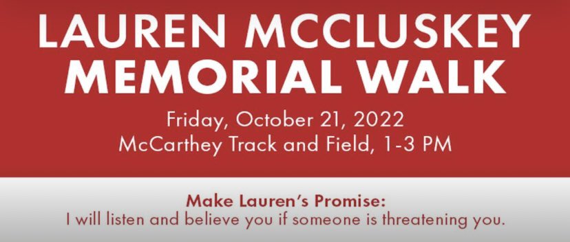Please join us on October 21st at <a href="/UUtah/">University of Utah</a> McCarthey Track Complex from 1-3pm for the <a href="/LMC_Foundation/">Lauren McCluskey Foundation</a> Memorial Walk. #ForLauren #LaurensPromise