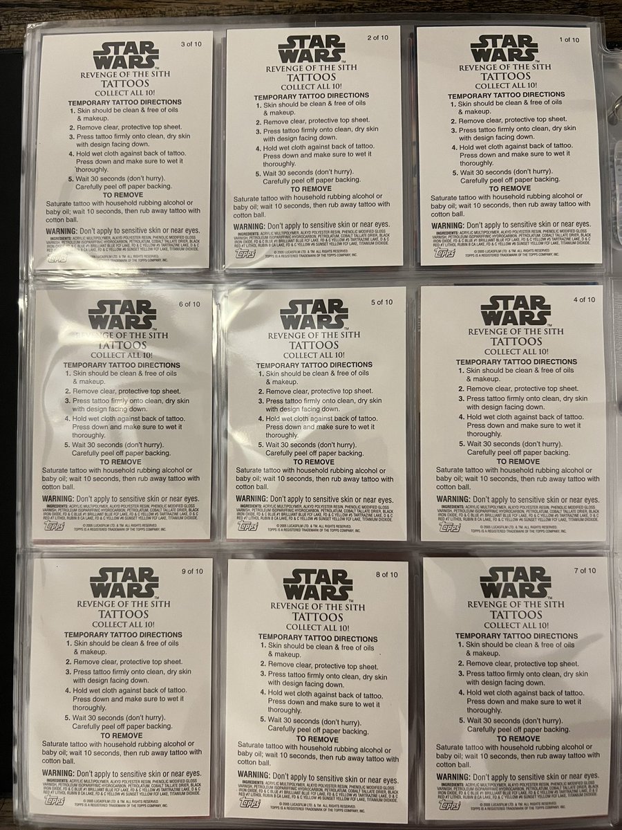 KansazCards's tweet photo. @TheHobbytweets @CardboardEchoes @sports_sell @HobbyConnector @Hobby_Connect @HobbyRetweet_ 2005 Topps Star Wars Revenge of the Sith Tattoo lot
(9 cards - Missing card 10 of 10)
$20 BMWT (OBO)
#StarWars #RevengeOfTheSith #Vader #Grevious #Jedi #Yoda https://t.co/SHIKJPnP3e