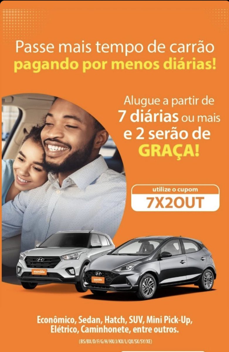 A promo mais amada deste Twitter tá de volta! Alugue a partir de 7 diárias e 2 serão de graça! 🤩 CUPOM: 7X2OUT 
Agora sim SEXTOU, né? 😎 #AVidaÉPraSerMovida 🧡🚗