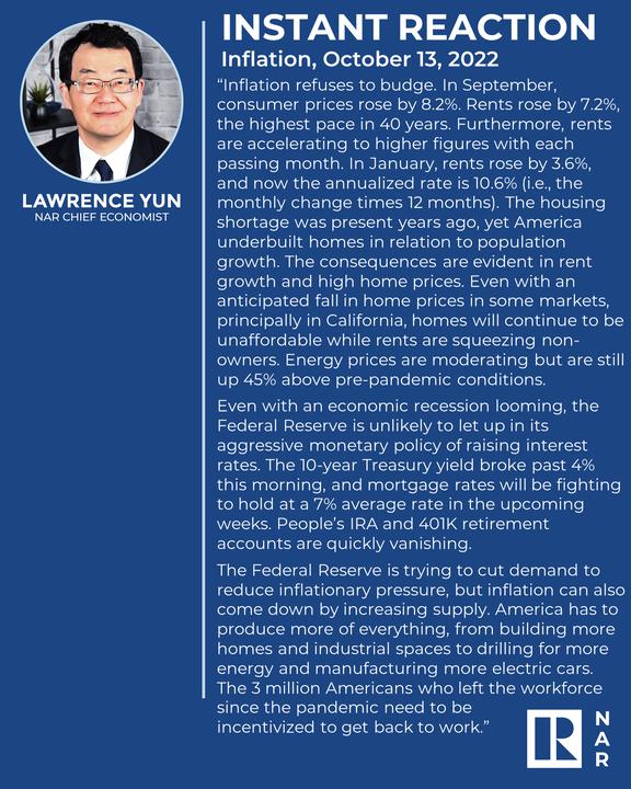 tlhrealtors's tweet photo. NAR Chief Economist Lawrence Yun reacts to inflation in the latest Consumer Price Index (CPI). https://t.co/jHHitbvVHq