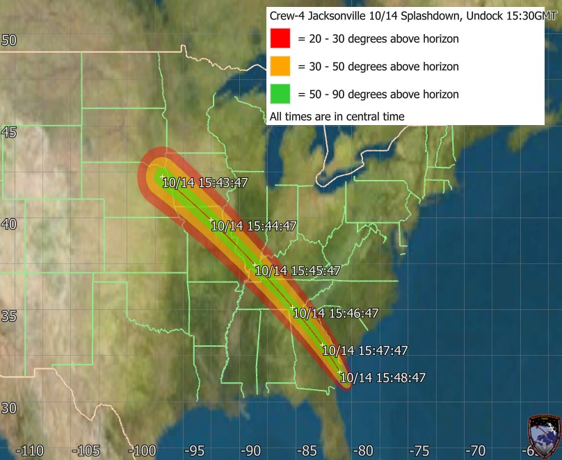 thesheetztweetz's tweet image. A map via NASA of the reentry path that Crew Dragon spacecraft Freedom will take before splashing down near Jacksonville.
Path begins near Nebraska at ~4:43 p.m. ET and tracks southeast for five minutes: #Crew4 #SpaceX