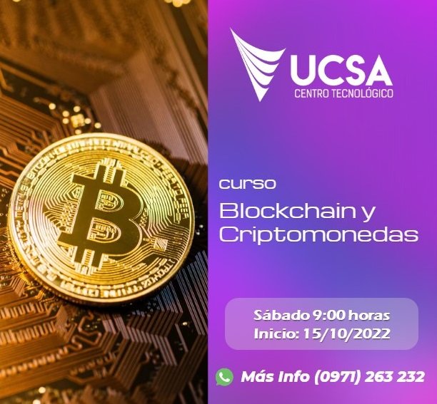 ucsa_ct's tweet photo. Te invitamos a participar de un curso único y exclusivo sobre: 

✅ Blockchain
✅ Bitcoin
✅ Criptomonedas https://t.co/ZTvNVzOaml