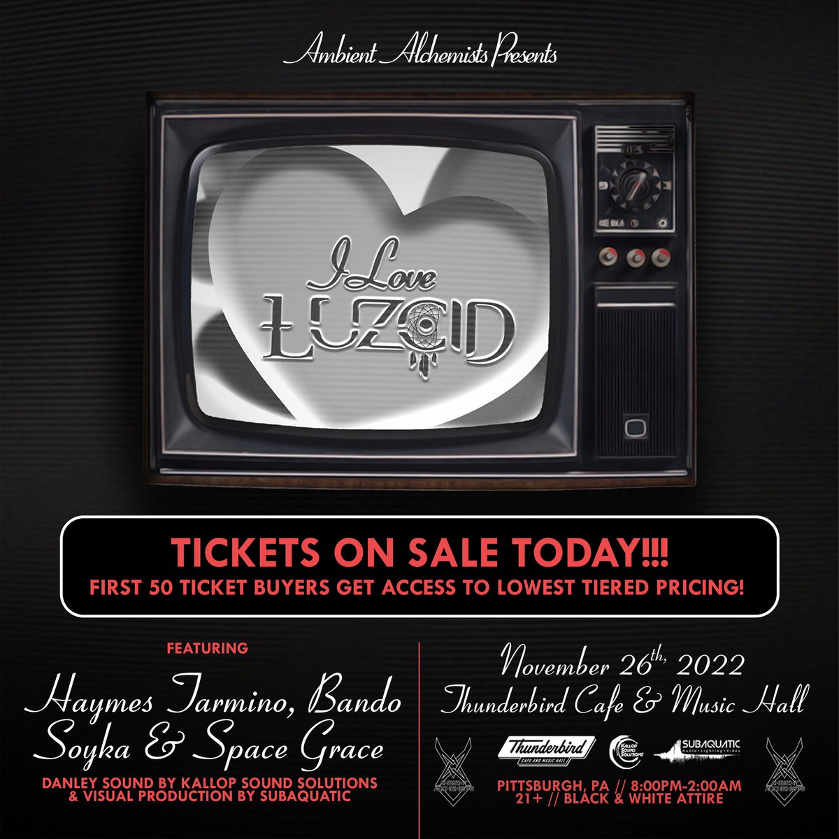 AmbientPgh's tweet image. TICKETS ON SALE NOW

First 50 tickets being sold at $20!! 
That’s right $20 to see Luzcid.
Grab yours now.
Go.

Ticket link: ambientalchemists.com

❤️I Love LUZCID❤️

#ambientalchemists #ambientarmy #iloveluzcid #PittsburghEDM