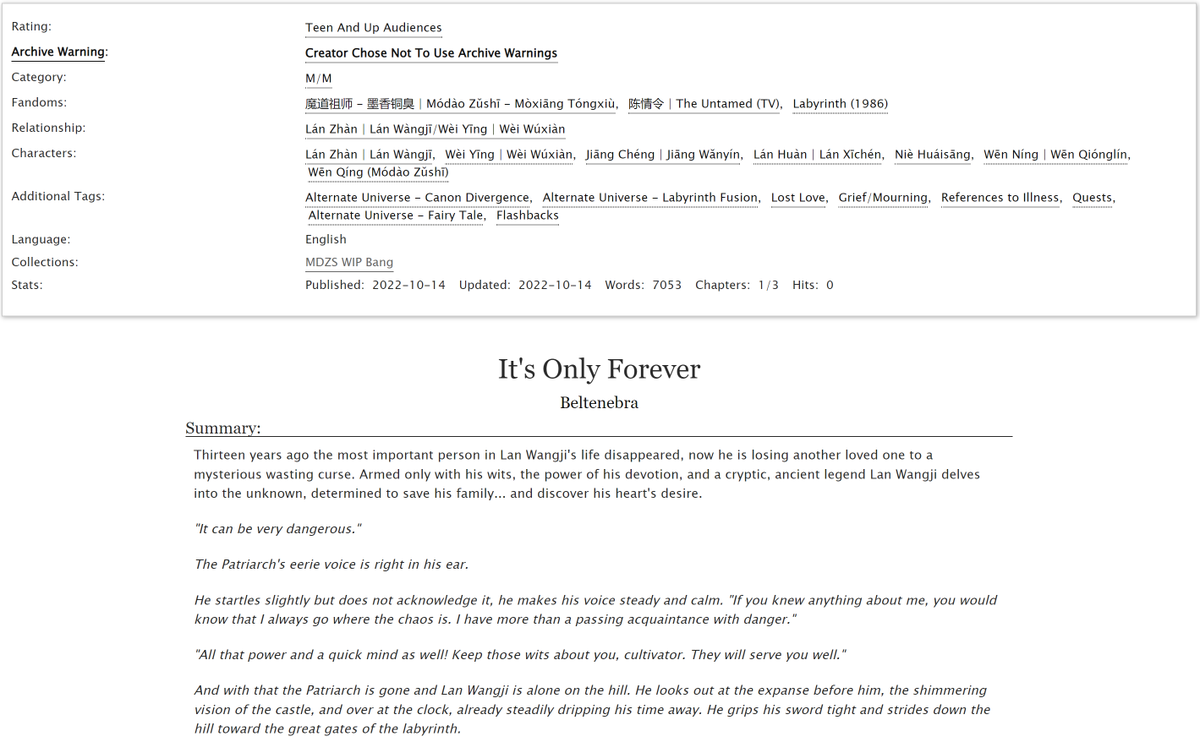 the_bel_tolls's tweet photo. It's Only Forever for @MDZSwipbang ! 

A WangXian Labyrinth fusion featuring: 

🥀A terrible curse
💔Long lost love
👻A Mysterious Entity
🌀with a Dark, Terrible Labyrinth 

This story is complete and will post in three chapters, one each week! 

Link to Chapter 1 below! https://t.co/OGQumxhPtl