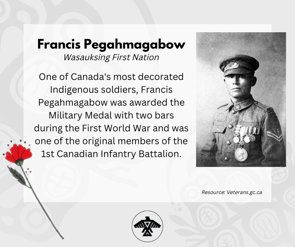Today, we honour one of Canada's most decorated Indigenous soldiers, Francis Pegahmagabow, of Wasauksing First Nation.  

Miigwech for your service.

#IndigenousVeteransDay