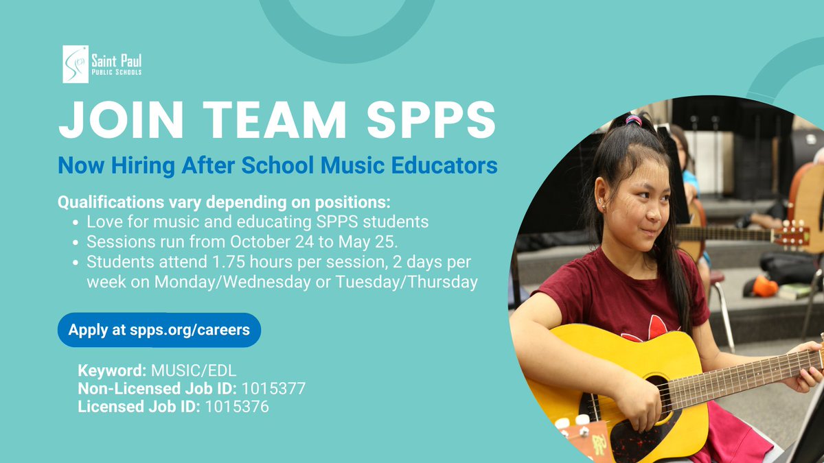 SPPS_News's tweet image. Join #TeamSPPS. We&apos;re #hiring after-school music educators for our EDL program. Sessions start Oct. 24 and continue through May. 
➡️ Keyword: MUSIC/EDL 
➡️ Non-Licensed Job ID: 1015377
➡️ Licensed Job ID: 1015376

Apply online: spps.org/careers.