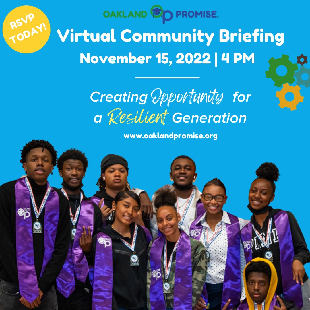 OaklandPromise's tweet photo. One Month Away! Join us for our special annual Virtual Community Briefing on 11/15/22 at 4PM. RSVP 👉https://t.co/xPoK9cnfGn
#oaklandpromise #communitybriefing #opportunitychangeseverything https://t.co/MRThpLF6MI