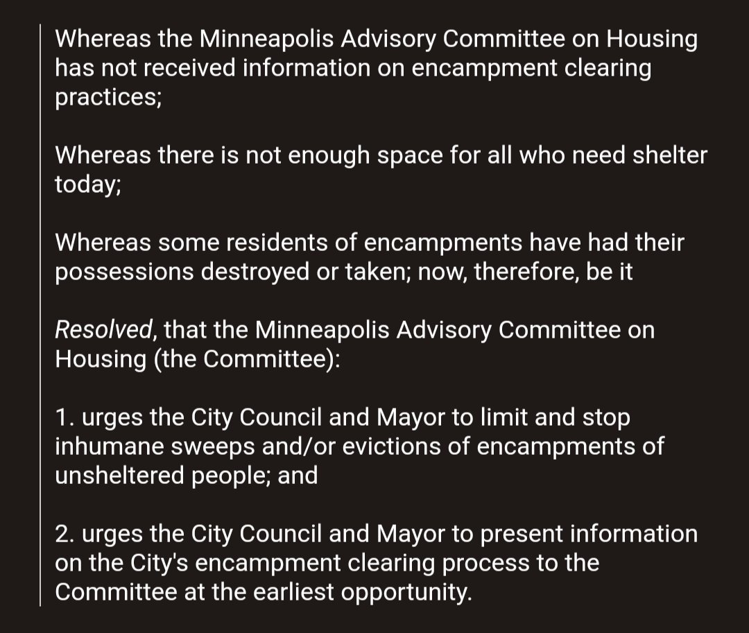 scttdvd's tweet photo. The Minneapolis Advisory Committee on Housing passed a resolution on encampment evictions and sweeps yesterday: https://t.co/m0n1yQaGSy