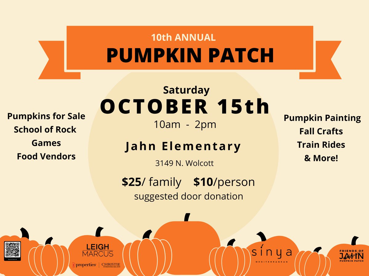 The 10th Annual Pumpkin Patch is tomorrow at Jahn Elementary! There will be pumpkin sales and decorating, food vendors, train rides, music, games, and more fall fun!
 
The suggested donation at the gate entry will be $25/family or $10/person with all forms of payment accepted.