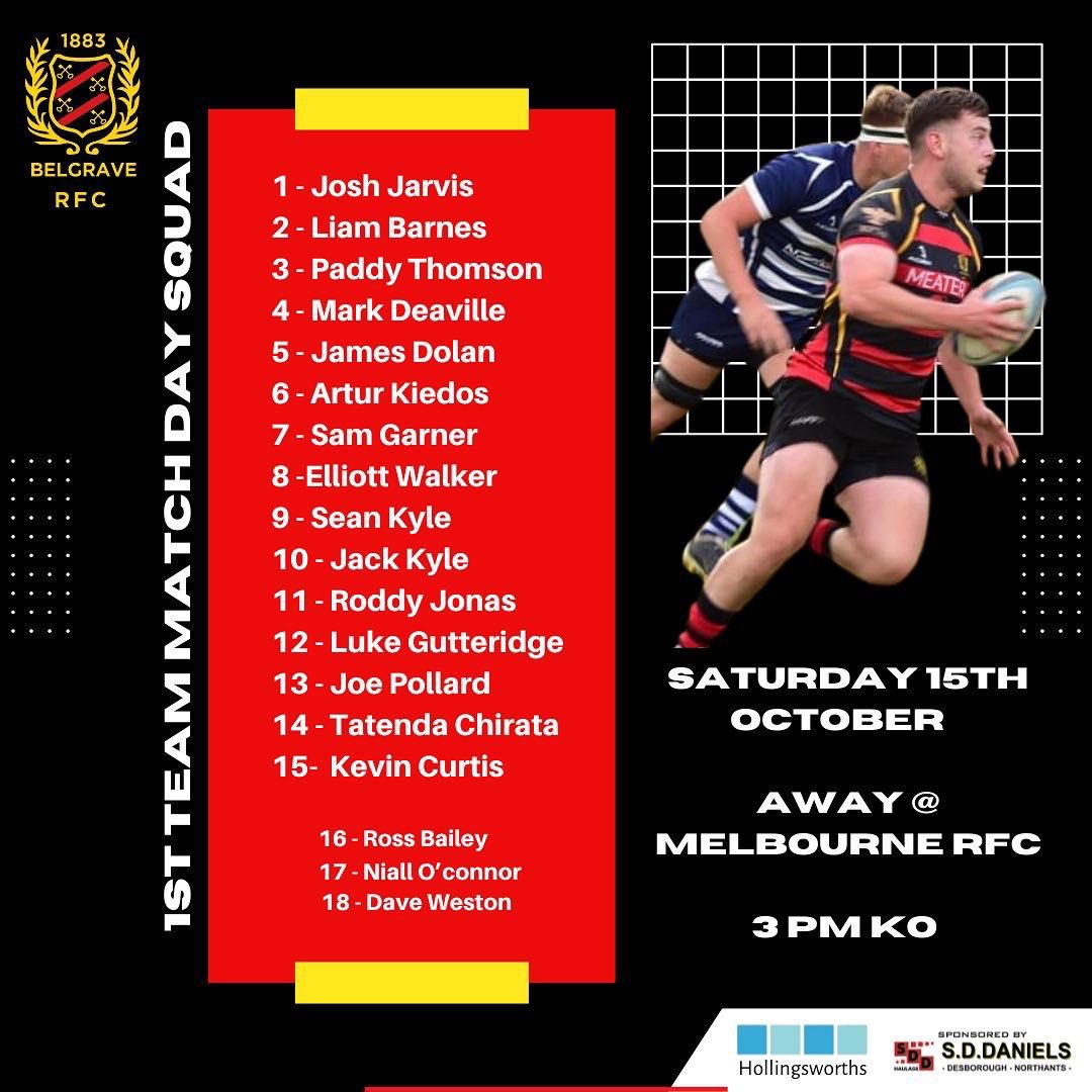 Our squad for Saturday’s clash with <a href="/MelbourneRUFC/">Melbourne Rugby Club</a>. 3pm KO away.
As ever your support is much appreciated. @macs_MarkD <a href="/LiamBar36855770/">Liam Barnes</a> <a href="/elliott1922/">elliott walker</a> <a href="/whamsarner/">Samuel Garner</a> <a href="/seankyle2892/">Sean Kyle</a> <a href="/jack_kyle10/">jack kyle</a> <a href="/vernonpollard/">joe pollard</a> #midlandsrugby #rugbyunion #rfu