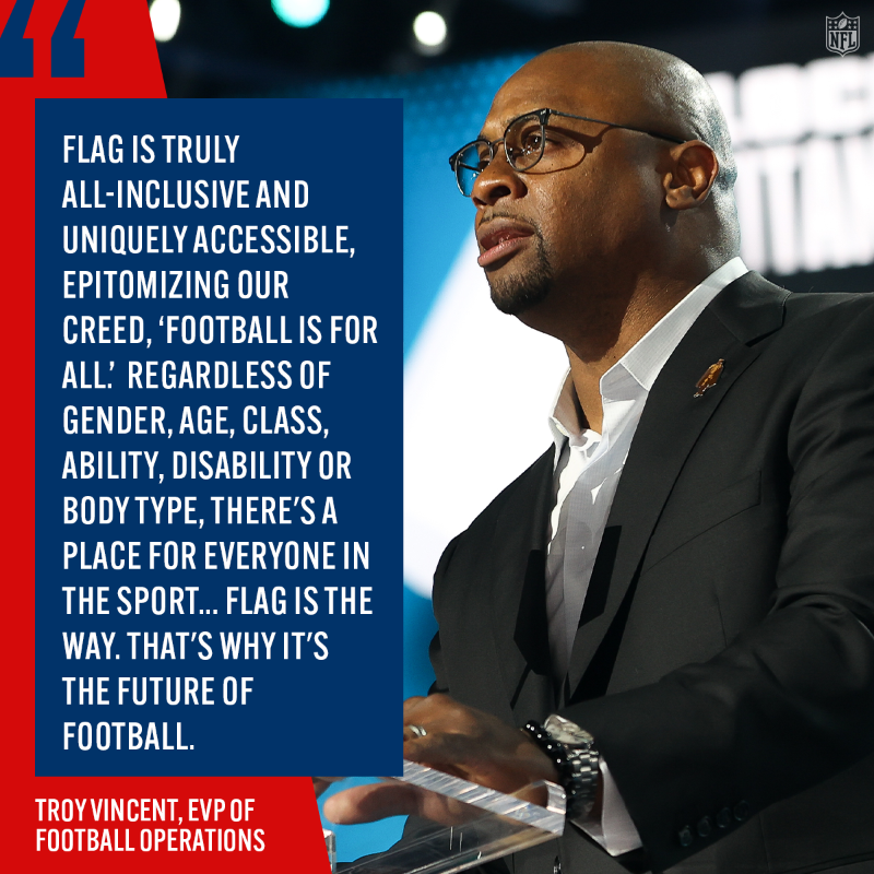 NFL's tweet photo. EVP of Football Operations @TroyVincentSr speaks to why flag football should be added as an Olympic sport for the 2028 LA games.