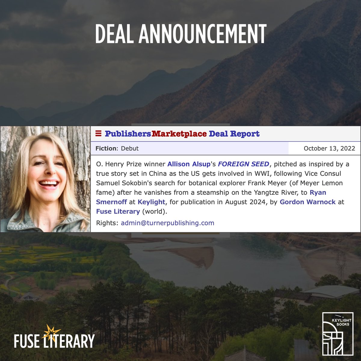 FuseLiterary's tweet photo. Big congrats to O. Henry Prize winner Allison Alsup, who signed with @RyanJSmernoff at @TurnerPub for her debut literary historical, FOREIGN SEED! #BookDeal #DebutNovel #LiteraryFiction https://t.co/tSMxm1E7Ar