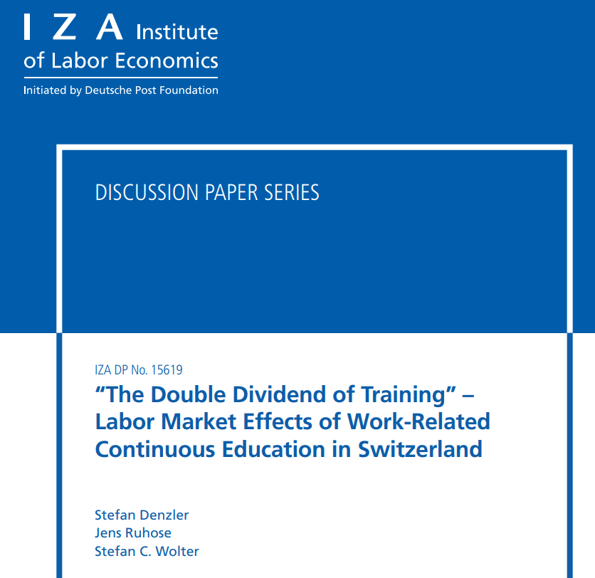 our new Discussion Paper on #training effects in #Switzerland shows that #workrelated #continuing #education and #training yields higher wages and reduces the risk of unemployment: iza.org/de/publication…