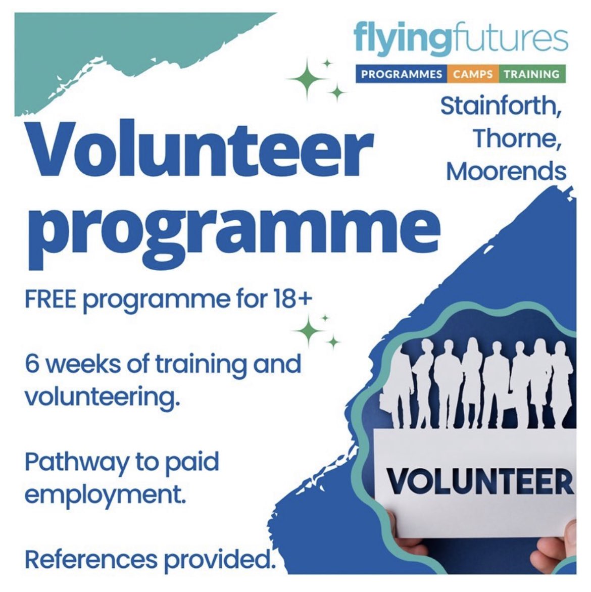 FlyingFutures's tweet image. 1/2 We have an exciting volunteer programme coming to Doncaster, available to over 18’s in Stainforth, Thorne and Moorends area. 

This programme is designed to provide training and experience as a pathway to paid employment. 

#volunteer #pathways #employmentpathways #training