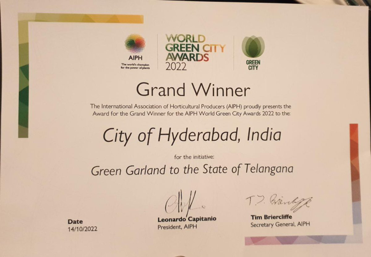 #Hyderabad wins @AIPHGlobal 'WorldGreenCityAwards2022' award for 'greening the #ORR' project in living green category & gets the prestigious overall GRAND award today at Jeju S Korea- only city from India & huge endorsement to @HarithaHaram initiative of @TelanganaCMO & @KTRTRS