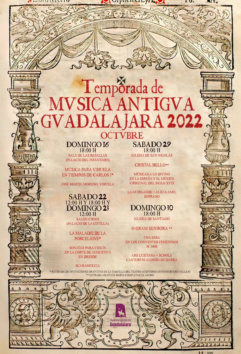 GuadalajaraAyto's tweet photo. 🎶🎻La Temporada de Música Antigua podrá disfrutarse en el Infantado; el Salón Chino de La Cotilla y las iglesias de San Nicolás y Santiago 

🎟️La entrada es gratuita

📰 Nota y programa: https://t.co/DDFM6gkyAX https://t.co/eRMR0WUMJg