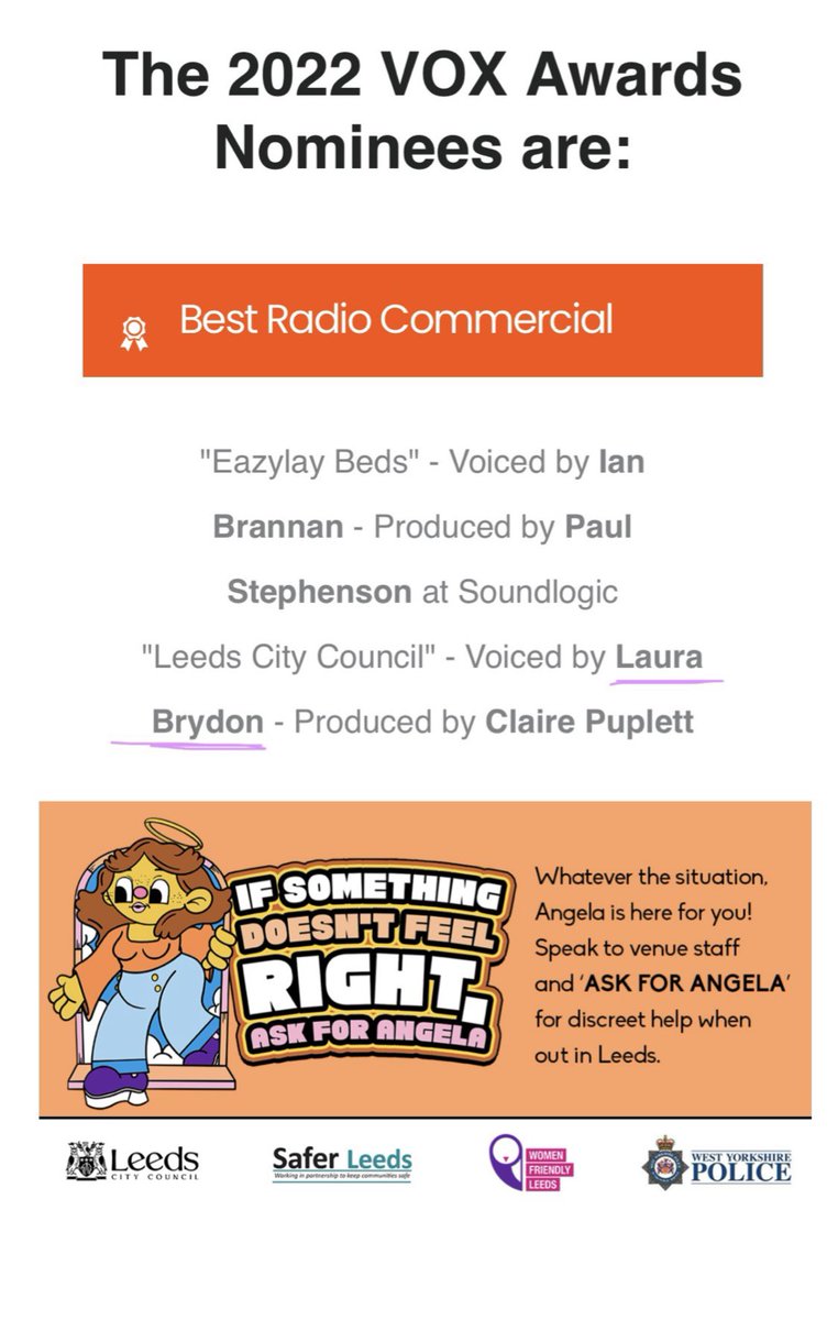 Exceptionally chuffed to be nominated for a VOX award this year. Even more chuffed because the radio commercial in question was part of the #askforangela campaign. Thanks to <a href="/VoxEvents/">VOX Events</a> @excellenttalent <a href="/PuplettC/">Claire Puplett</a> and congrats to everyone