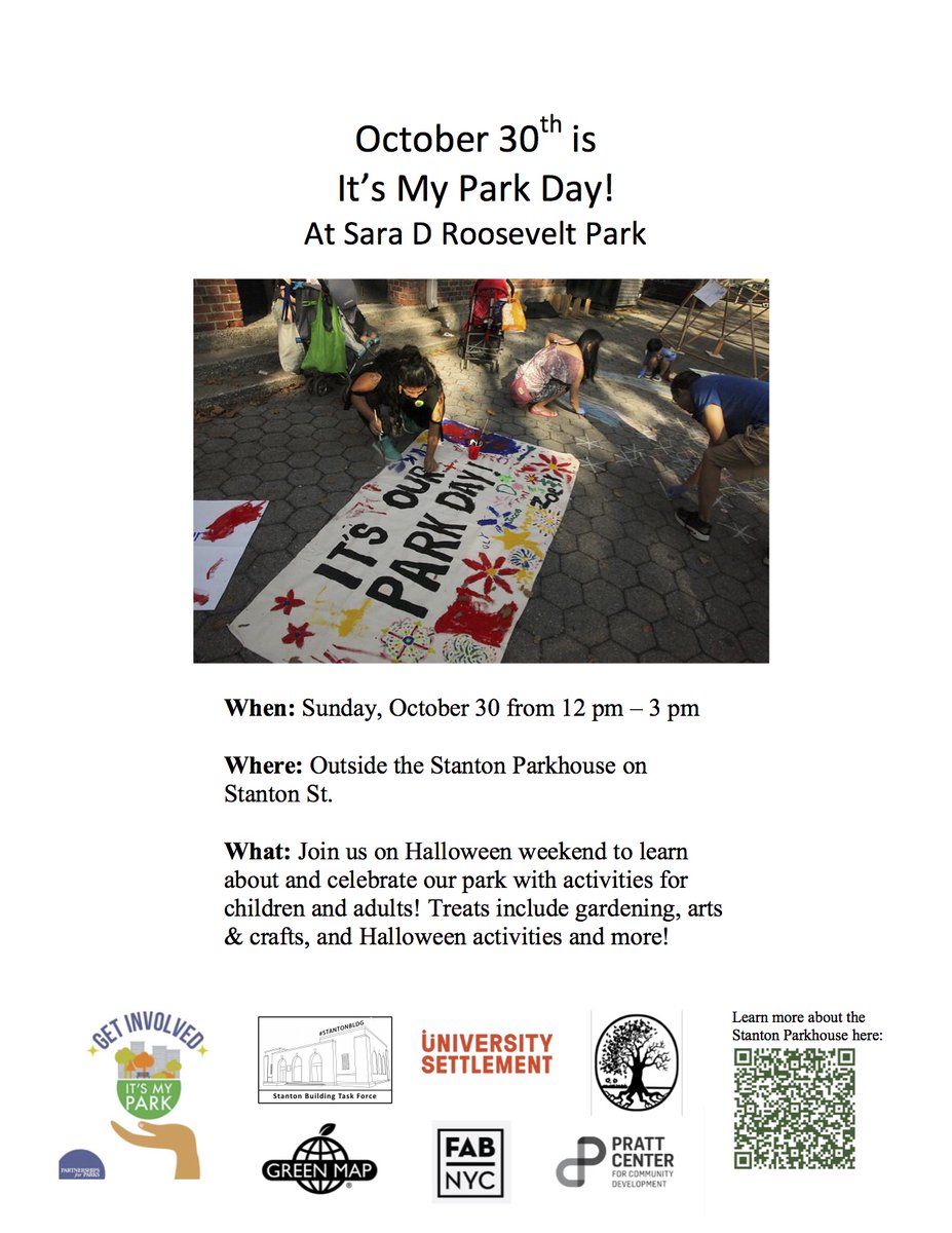 The Sara Roosevelt Park Community Coalition (@sararpcc) on Twitter photo It's My (Our) Park Day!! Outside Stanton Parkhouse
Planting bulbs, clearing tree pits, Halloween, and more!
<a href="/PfPNYC/">PartnershipsForParks</a> <a href="/UnivSettlement/">University Settlement</a> <a href="/GreenMapNYC/">GreenMapNYC</a> <a href="/_FABnyc/">FABnyc</a> <a href="/prattcenter/">Pratt Center</a> <a href="/SaraRPCC/">The Sara Roosevelt Park Community Coalition</a>
Volunteers, Neighbors, organizations welcome! It's My (Our) Park Day!! Outside Stanton Parkhouse
Planting bulbs, clearing tree pits, Halloween, and more!
<a href="/PfPNYC/">PartnershipsForParks</a> <a href="/UnivSettlement/">University Settlement</a> <a href="/GreenMapNYC/">GreenMapNYC</a> <a href="/_FABnyc/">FABnyc</a> <a href="/prattcenter/">Pratt Center</a> <a href="/SaraRPCC/">The Sara Roosevelt Park Community Coalition</a>
Volunteers, Neighbors, organizations welcome!