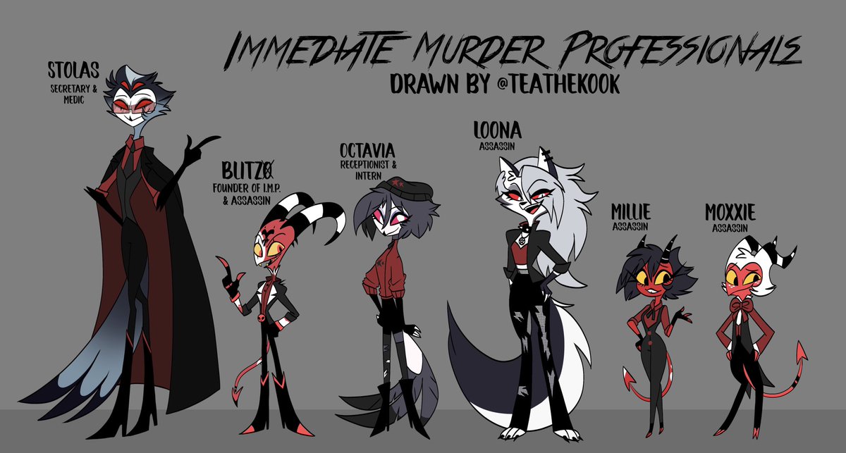 TeaTheKook's tweet photo. [Immediate Murder Professionals] 
.
Here are all the newly updated staff members of IMP!
.
.
#HelluvaBoss #HelluvaBossFanart #Stolas #HelluvaBossStolas #Blitzo #Stolitz #HelluvaBossOctavia #HelluvaBossLoona #HelluvaBossMillie #HelluvaBossMoxxie https://t.co/fN9XuPFmFx