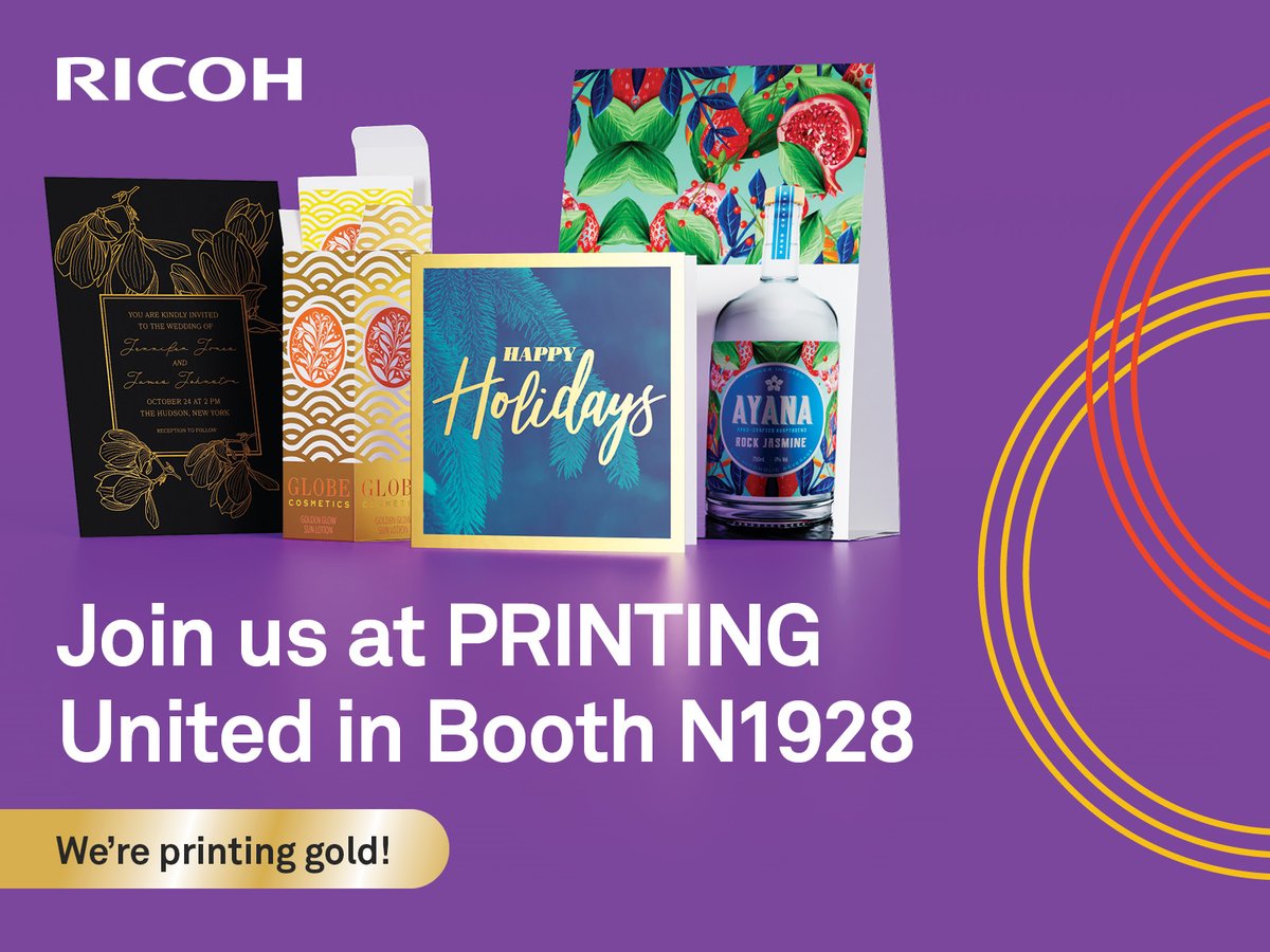 RicohUSAGC's tweet photo. We'll be printing GOLD in our color lab at #PrintingUnited! #LookAtRicoh in booth N1928 and see demos of our latest metallic toner and take home samples that highlight our full line of specialty #5thColor toners. #5thColorFriday https://t.co/OAQCf0HF3K https://t.co/cZodE533Jc