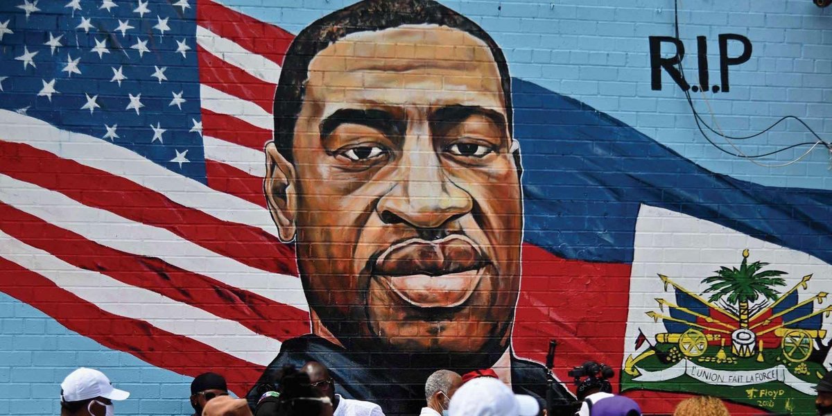 George Floyd would be 49 years old 
today.

[Image is a mural of Mr. Floyd, which features a US flag behind his right shoulder and an "RIP" on the opposite side.]

post: Out of the Margins #blacklivesmatter 
#georgefloyd #erasehate #whitesilenceisviolence 
#beantiracist