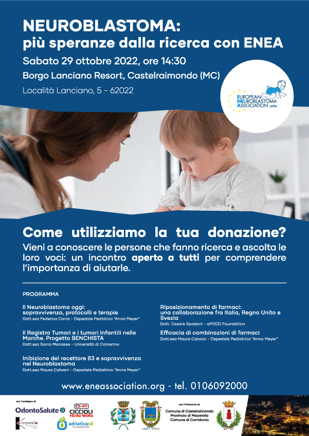 ENEAssociation's tweet photo. COME UTILIZZIAMO LE VOSTRE #DONAZIONI?
Venite a conoscere le persone che fanno #ricerca e ad ascoltarle in un incontro aperto a tutti.

29 Ottobre 2022 - 14:30 - Castelraimondo (MC)
"#NEUROBLASTOMA: più speranze dalla ricerca con ENEA".

VI ASPETTIAMO!
info@eneassociation.org https://t.co/ZuwK2fK7AR