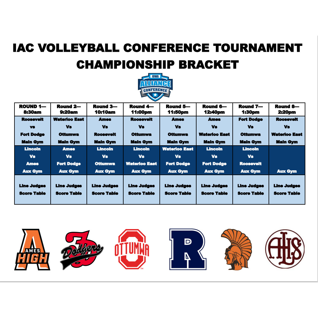 DMschools's tweet photo. The first-ever @iowa_alliance conference volleyball tournament is tomorrow, hosted by @DMRoosevelt (championship bracket) and @HooverHuskies (silver bracket). See the schedule below and cheer on your favorite school. https://t.co/JUnVoatVhN