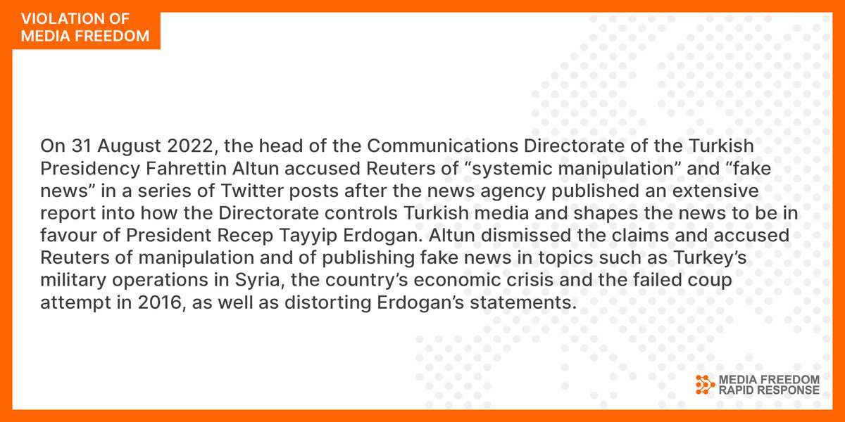 MediaFreedomEU's tweet photo. 🇹🇷 On 31 August, the head of @fahrettinaltun accused Reuters of “systemic manipulation”/“fake news” after the news agency published an extensive report into how the Directorate controls #TurkishMedia & shapes the news in favour of Erdogan.
https://t.co/Ti1HGIjejX https://t.co/px6lmbBlbE