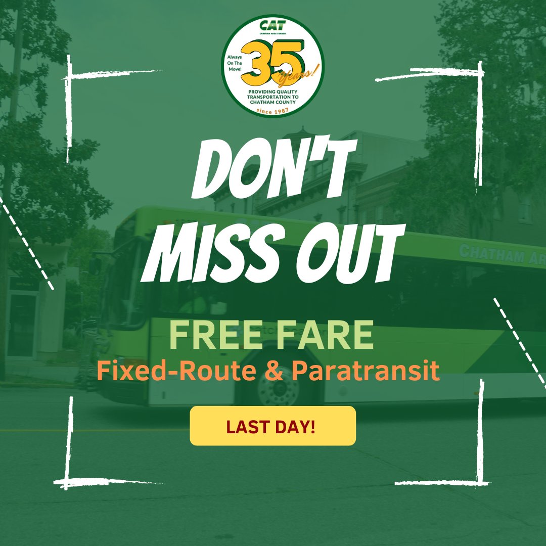 ChathamTransit's tweet photo. πA HEADS UP!π
Today is the LAST DAY to ride free on any Fixed-Route or Paratransit vehicle.
Stay tuned for more activities coming up next week for CAT's 35th Anniversary Celebration ππ.
#CAT35 #CATcares #ChathamAreaTransit #ChathamCounty https://t.co/ew3VKsQPfP
