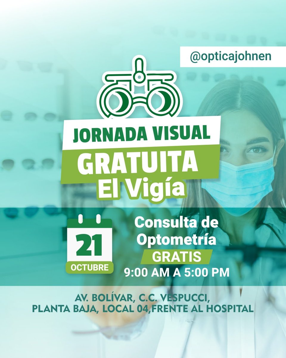 OpticaJohnen's tweet photo. 👉🏻Lee con atención porque este mes te brindamos un espacio para cuidar tu visión👀. 

Si te encuentras en El Vigía, este 🗓️21 de octubre podrás realizarte el examen visual gratis en nuestra Jornada Visual🤓.

Escríbenos para agendar tu cita. 

#elvigia #jornada #jornadasvisuales https://t.co/uTPlhF0ytE