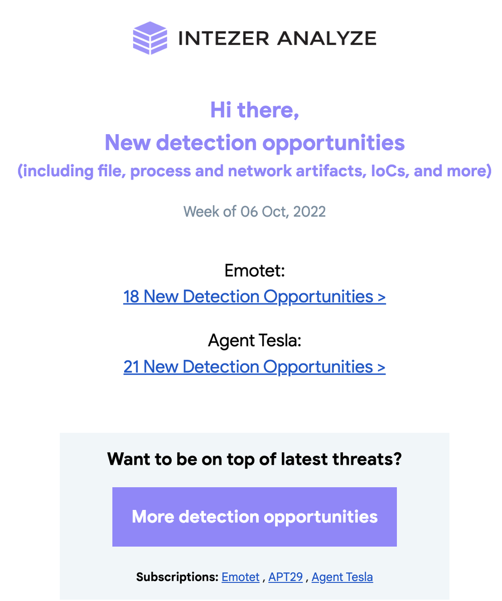 Get new IOCs, files, process/network artifacts, and more every week by subscribing to threat families of interest. Emotet/Agent Tesla example below ⬇️ Notifications about about new detection opportunities Intezer finds means you can keep your rules updated as threats evolve.