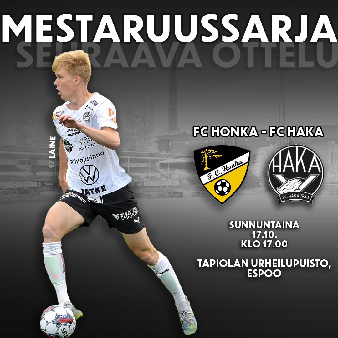 FCHakaOfficial's tweet photo. Liigakausi purkkiin sunnuntaina Espoossa🔥

⚽️ @EsportHonka - FC Haka
⏰ Su 17.10. klo 17
🏟️ Tapiolan urheilupuisto, Espoo
📺 Ruutu+

⚠️Muista https://t.co/beCPKCgEFh. Nyt myös yrityksille lisätty mahdollisuus osallistua ja esim. lahjoittaa kausikortteja hyväntekeväisyyteen!⚠️ https://t.co/N3HrGMUjr0
