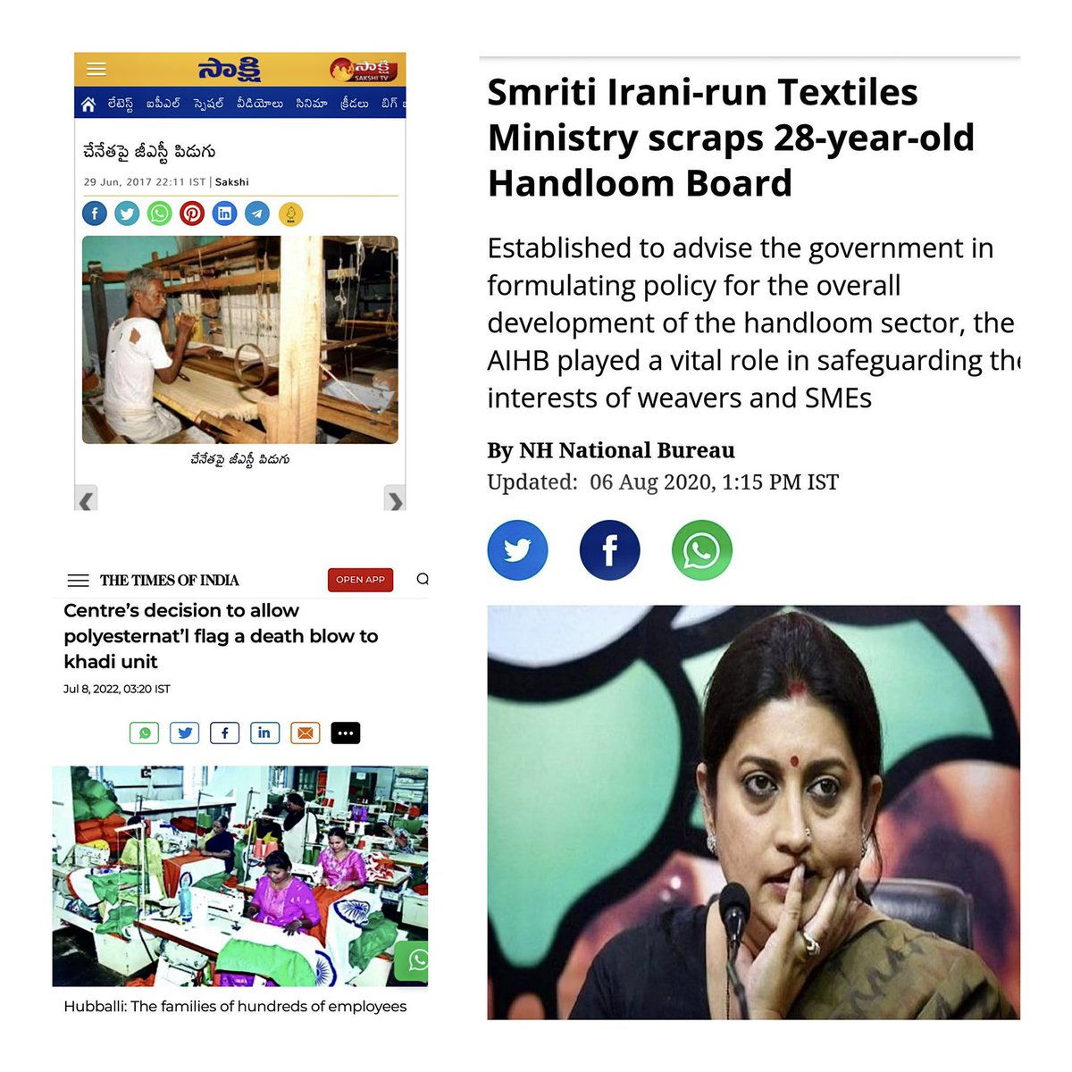 NAR_Handle's tweet photo. #Modi &amp; his contribution to #Handloom sector ⬇️ 

- Shuts down Handloom Board 
- Imposed #GST on #Khadi
- Tweaks code to allow polyester flags, a death blow to artisans &amp; good news to corporates 

He talks ‘Vocal 4 Local’ but the problem is he just talks &amp; does nothing 

@KTRTRS https://t.co/BRhYwOATdH