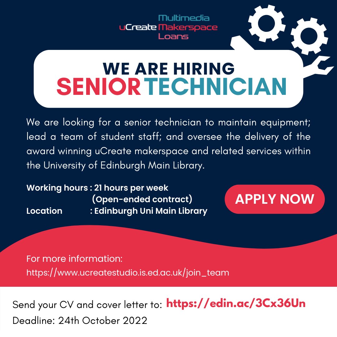 Hey Makers! We are looking for a senior technician to join our uCreate Makerspace team! 🔥💪For more information about the role, check out the link below:-
ucreatestudio.is.ed.ac.uk/join_team

#ucreate #makerspace #edinburghstudents #universityofedinburgh #uoe #edinburghvacancy