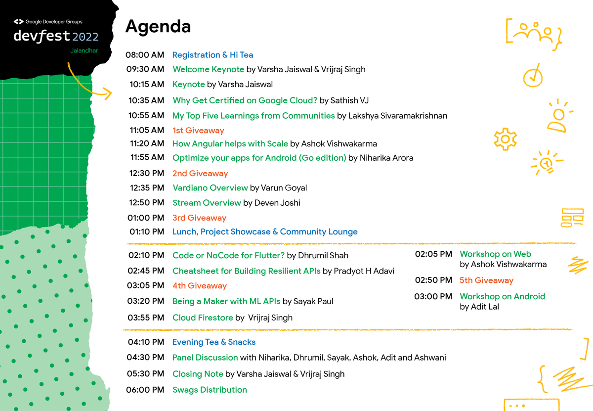 GDGJalandhar's tweet photo. 📢📢The biggest news of the day....

AGENDA of #DevFestJalandhar is finallyyyyyyyy out.

Have a look into it &amp; plan your travel accordingly.

It's less than 48 hours now.

#DevFest #DevFest2022 #Agenda https://t.co/txb8WQogdb