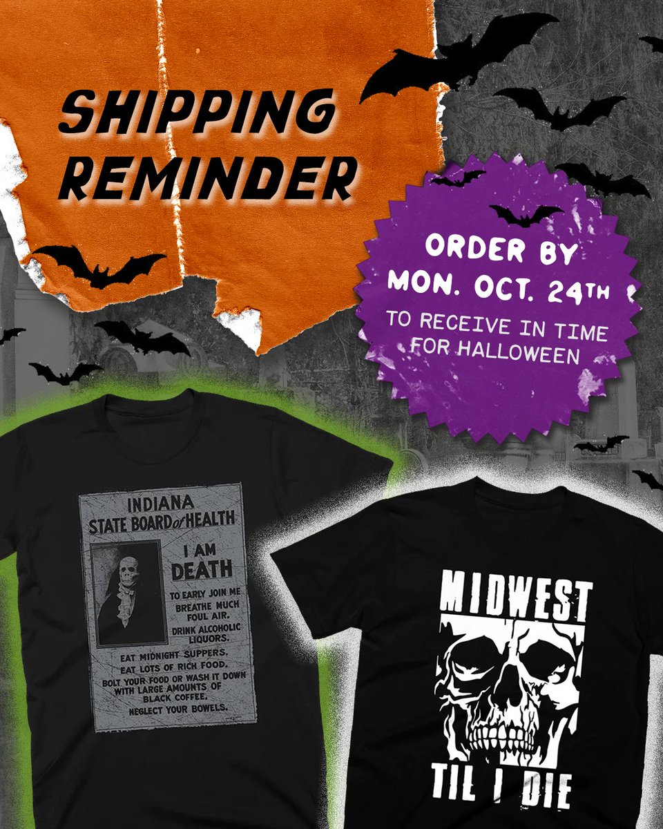 BE AFRAID 🎃

Of shipping delays! If you’re hoping to have a Hoosier Halloween tee or sweatshirt for Halloween weekend, orders will need to be placed by October 24th for in and out of state orders!