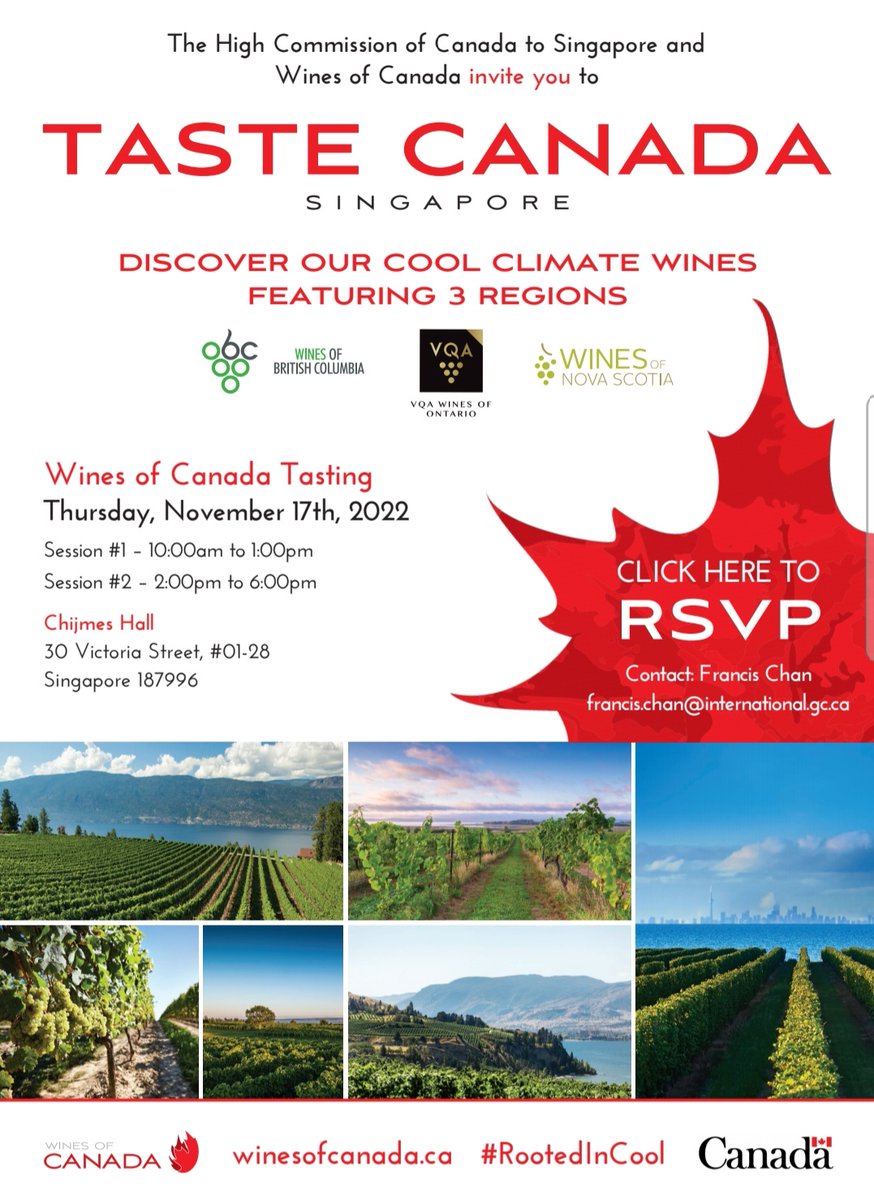 #Singapore #wine trade &amp; media. Join us  November 17 to taste Canadian sparkling, still &amp; Icewine from British Columbia, Nova Scotia &amp; Ontario. Event info/registration link here: lnkd.in/e3N5mP5q
#winetrade #wineindustry #winetasting #winebusiness #Canadianwine #winemedia