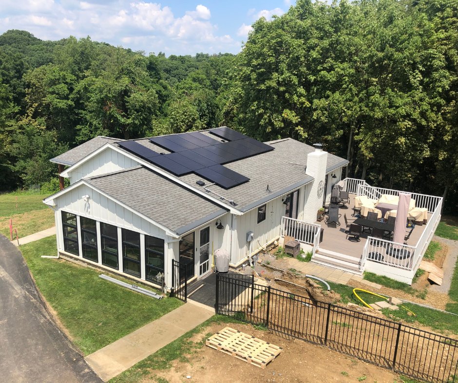 EISSolar's tweet photo. We installed two roof mount projects for this Moon home! It consists of 74 US-Made 360W Heliene panels for the garage and 18 US-Made 360W Heliene panels for the home, as well as the SolarEdge Home Hub Inverter with Energy Bank battery. #EISSolar #MoonTwp #HarvestTheSun https://t.co/XD4Ddp5feH