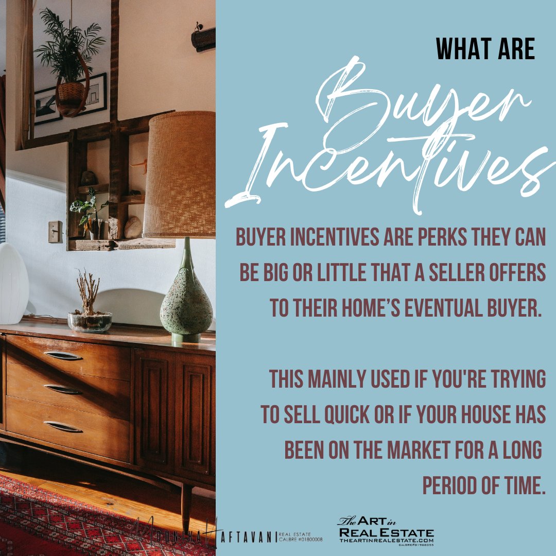 MounikaRealtor's tweet photo. Buyer incentives are perks, big or little, that a seller offers to their home's eventual buyer. Here are a few examples:
➡️ Interest rate buy-down
➡️ Closing cost credit

👩🏼‍💼 Licensed Real Estate Agent
🔎 CalDRE #01800008
🏡 The Art in Real Estate
📱818-437-3308

#MounikaHaftavani https://t.co/XcszyWdyoN