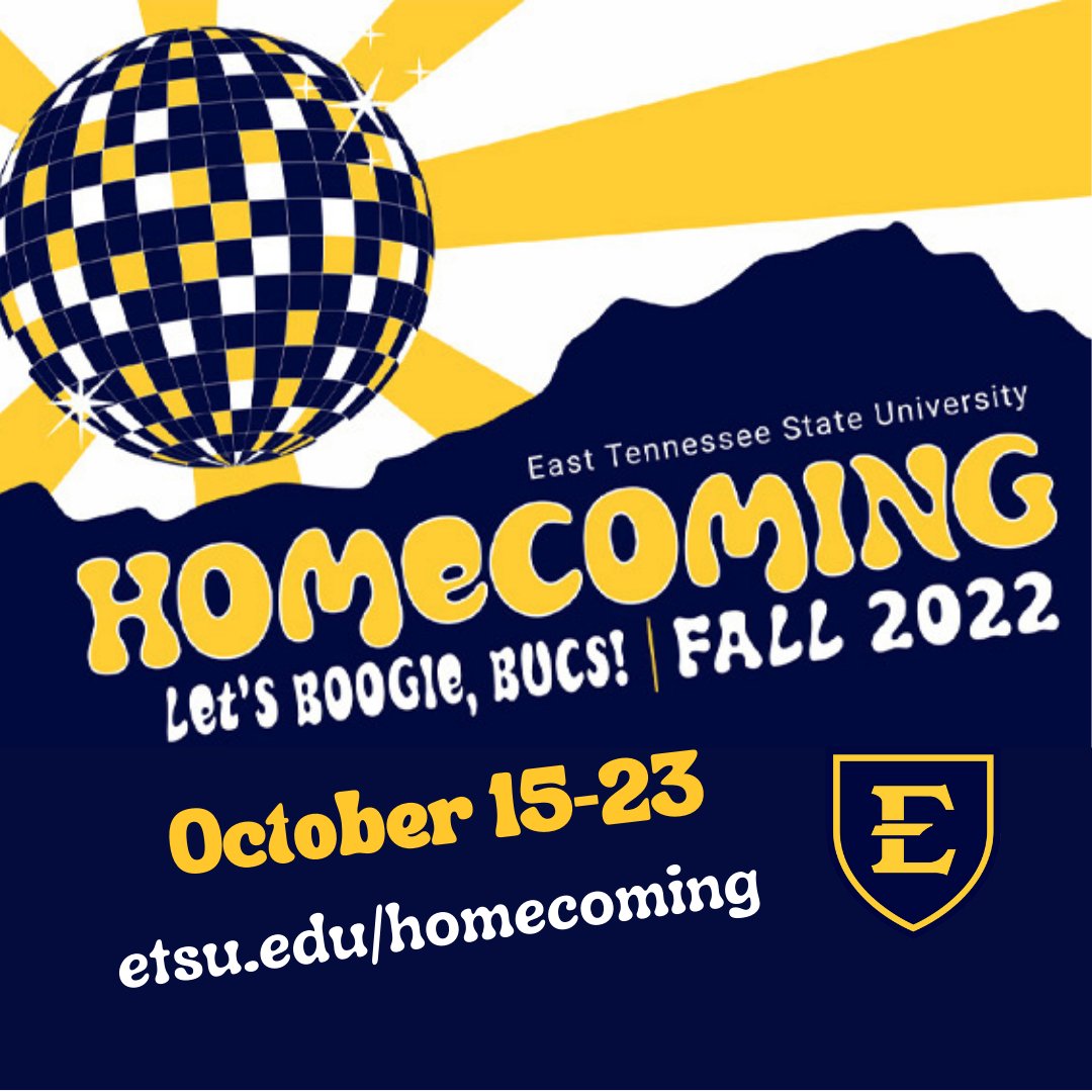 ETSUOnline's tweet photo. Homecoming week kicks off on October 15 and continues through October 23. Check out the schedule of events at https://t.co/r1So59XgFW and Let's Boogie, Bucs! ๐ชฉ
#Homecoming #ETSU #GoBucs #GoBoogie https://t.co/0eBEraPITk