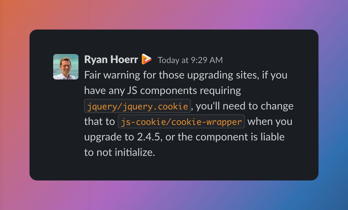 MarkShust's tweet photo. For all of you Magento developers using jquery.cookie and upgrading to 2.4.5... (courtesy of MageChat).

#magento #magento2 #opensource #javascript #jquery #adobecommerce https://t.co/XmqB1eKZXg