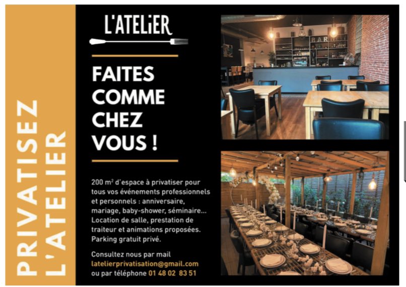 200 m2d’espace à privatiser pour tous vos événements professionnels et personnels:anniversaire,mariage,baby-shower,séminaire…Location de salle, prestation de traiteur et animations proposées.Parking gratuit privé.latelierprivatisation@gmail.com ou par téléphone 01 48 02 83 51